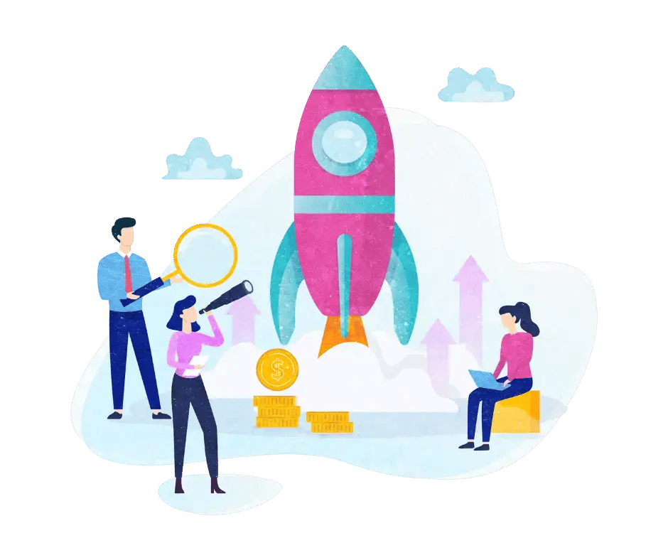 Illustration flera personer och en raket