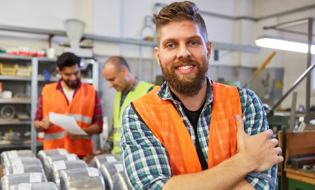Hantverkare tänker på bokföring och fakturering med acconomy. Har armarna i kors över bröstet.