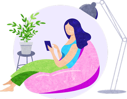 Illustration of a woman seated on a bean bag chair, working on a laptop in a cozy and relaxed environment