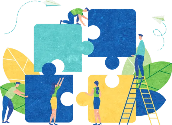 Individuals work together on a puzzle piece, framed by lush leaves and a flying kite, symbolizing teamwork and creativity